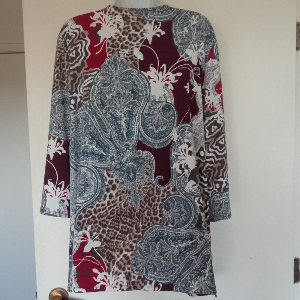 Chico's Mixed Paisley & Animal Print Tunic in Burgundy, Cream, Gray, Brown - Picture 6 of 9